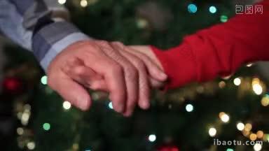 在模糊的圣诞树背景下，一对<strong>相爱</strong>的老夫妇手牵手表达爱和支持